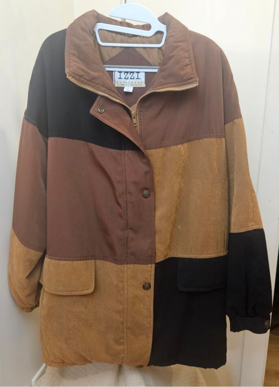 Izzi Outerwear Tans/Black Color block Patchwork Coat Size L Vintage 90s Y2K